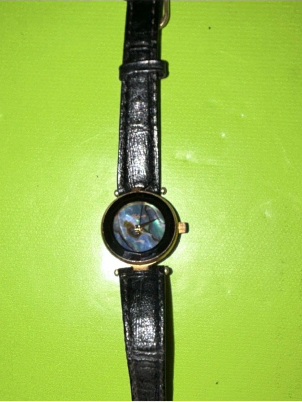 Classic Women's Black Leather Watch with Iridescent Dial
